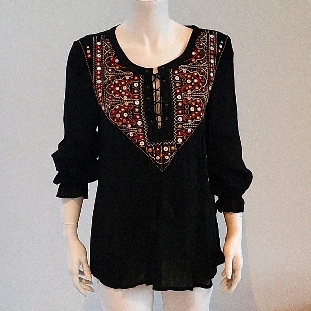 Mango embroidered black top